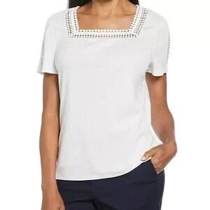 Rafaella Square Neck Top Crochet Trim Short Sleeve Casual White XL /‎ #7167